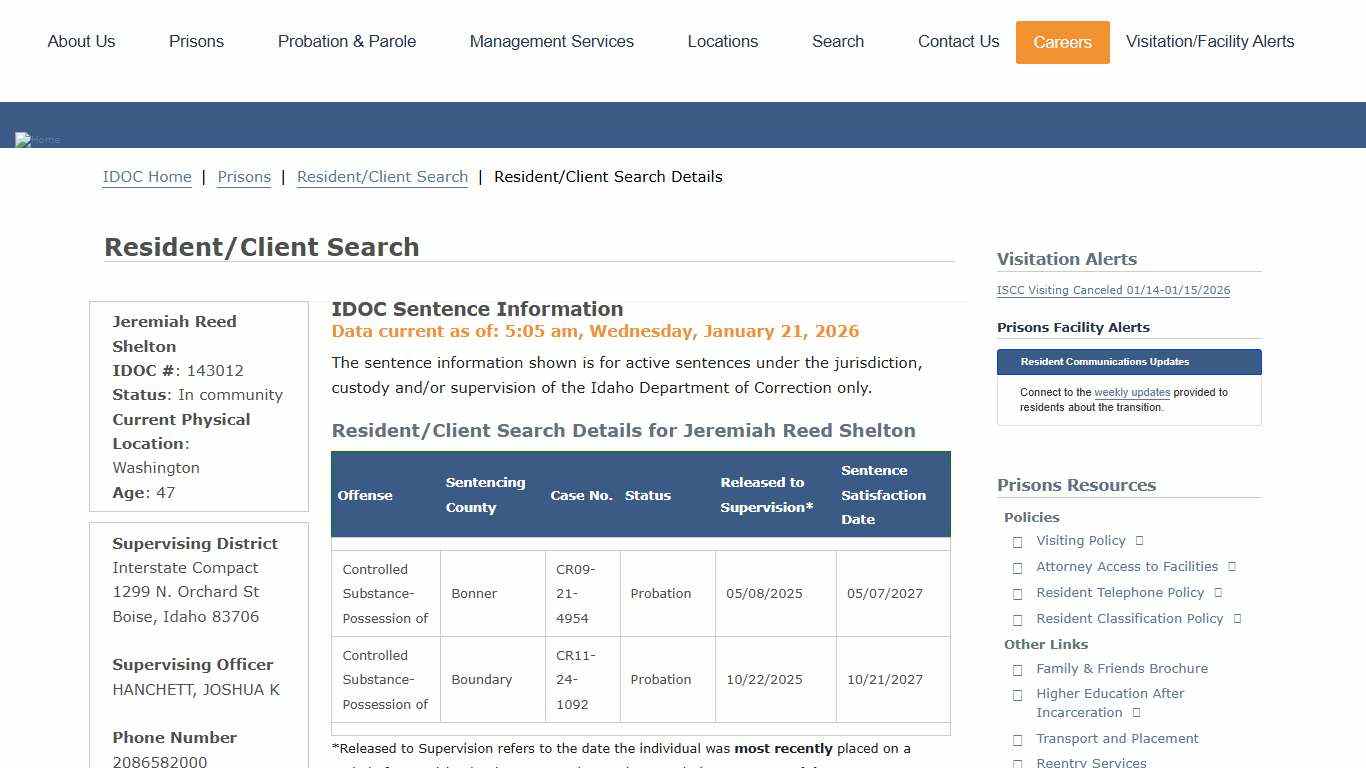 Resident/Client Search Details | Idaho Department of Correction